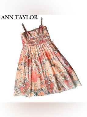 Ann Taylor Summer Dress Spaghetti Straps Paisley Floral 30% Silk 70% Cotton
